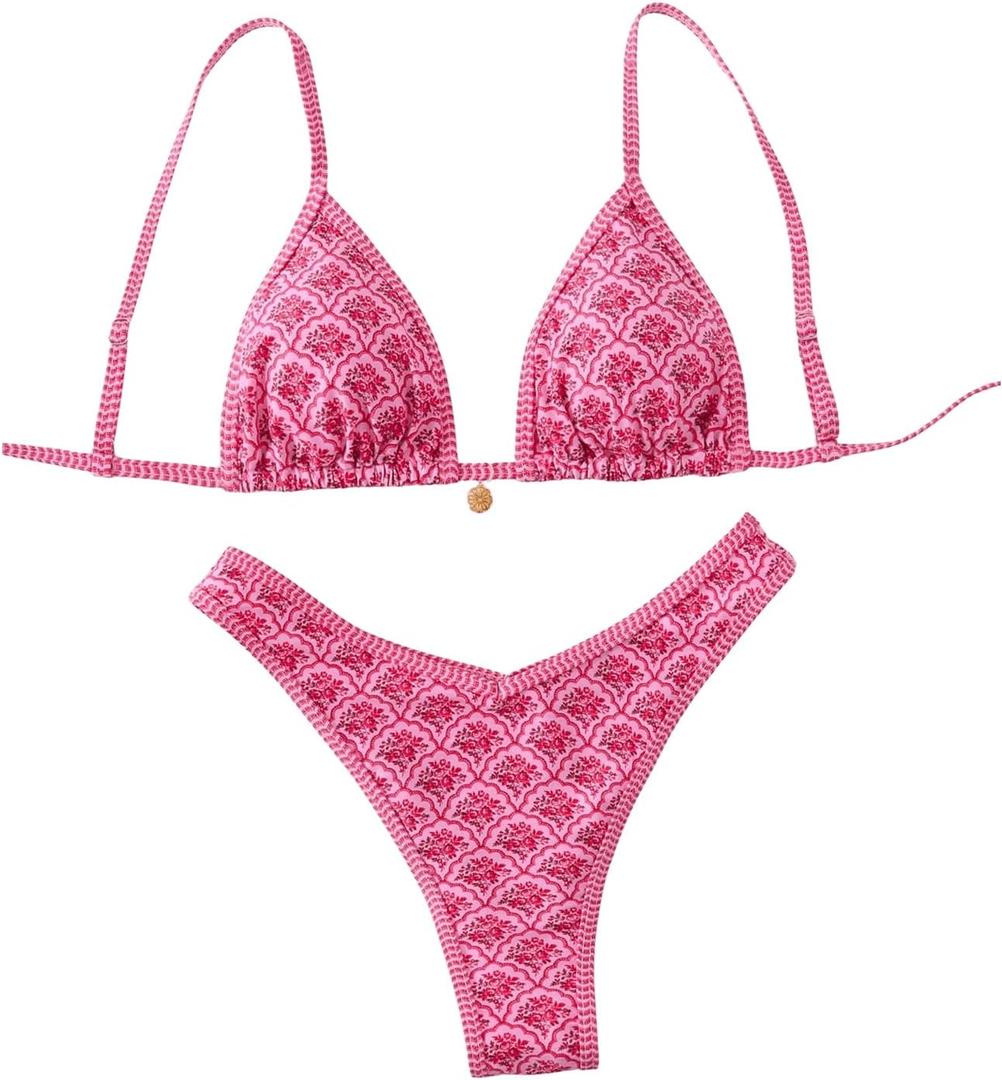 MakeMeChic Women's Bikini Sets Floral Print Spaghetti Strap High Cut Swimsuit Beachwear (Large, Multicolor)