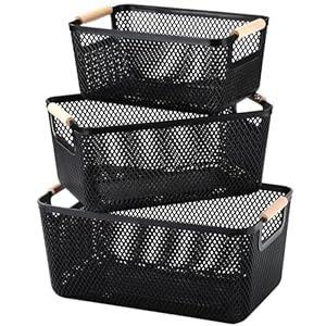 Ziliny 3 Pack Plastic Mesh Basket with Wooden Handles - PP Material Hanging Storage Organizer Container Bins for Organizing Cabinet Pantry Bathroom Kitchen Fridge Fruit Makeup Snacks Gifts(Black)