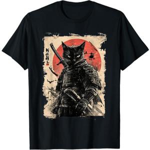 Vintage Japanese Art Anime Graphic Samurai cat Warrior TShirt, L