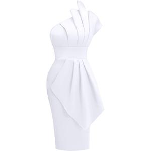 Memoriesea Women's Elegant One Shoulder Pleated Detail Bodycon Party Club Midi Dress, White, M