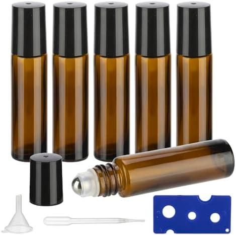 GIVITASOT 10ML Essential Oil Roller Bottles, 6 Pack Amber Oil Roller Bottles for Essential Oils, Roll on Bottle with Stainless Steel Balls(6 Labels, Opener, Funnel, Dropper Included)
