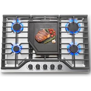 SNDOAS 30 Inch Gas Cooktop, 5 SABAF Burners 47400 BTU Built-in Gas Stove Top with 22000 BTU Triple Ring Wok Burner, Cast Iron Griddle, Stainless Steel Top, NG/LPG Convertible, Knob Control