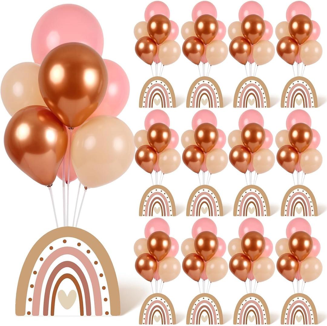 12 Sets Boho Rainbow Baby Shower Balloon Stand Kit for Table Boho Centerpieces with Balloon 3D Rainbow Party Decorations for Boys Girls Birthday Party Supplies