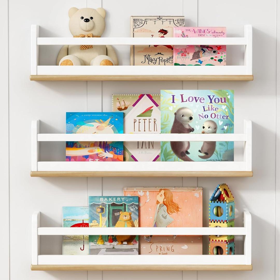 Upgraded Kids Bookshelf Wall Mounted, 24 Inch Long Floating Nursery Book Shelves for Wall, White and Natural Wood Baby Toddler Child Hanging Bookshelves for Kids Room Bedroom (Set of 3)
