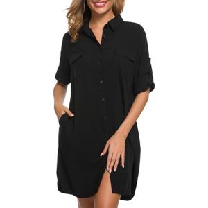 LUSMAY Women's Long Sleeve V Neck Button Down Shirt Dresses Casual Summer Dress with Pocket (Medium, Black)