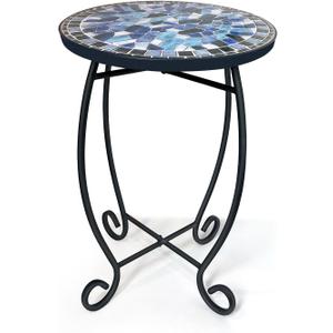 LIFFY Outdoor Side Table,12" Round Ceramic Tile Tabletop Accent Table with Metal Frame, Indoor Small Decorative Plant Stand & End Table for Home, Patio, Garden (Navy Blue-12 Inches)