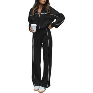 BTFBM Women's Two Piece Tracksuit Fall 2025 Long Sleeve Zip Up Sweatshirt Long Pants Outfits Jogger Sweatsuit Sets (Black), S