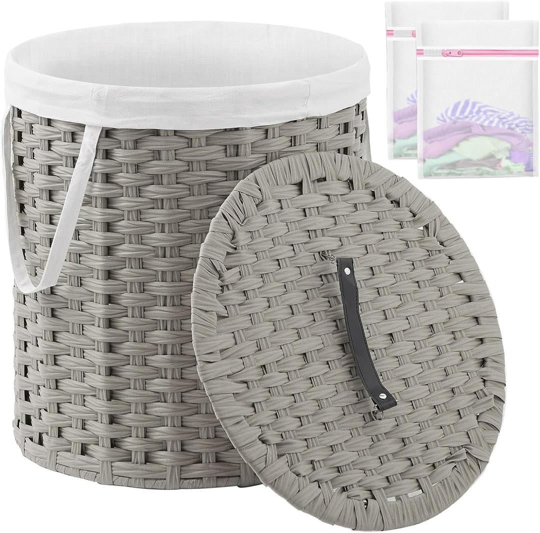 Laundry Hamper with Lid Wicker Laundry Hamper Round 26.5 Gal (100 L) Laundry Basket Handwoven Rattan Laundry Basket with Removable Bag Handles 2 Mesh Bags for Living Room Bedroom Gray (26.5 Gal - 100L)