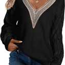 EVALESS Womens Long Sleeve Sweaters Fall 2024 Trendy Sexy Lace V Neck Knit Drop Shoulder Pullover Sweater Jumper Tops (Medium, 2d Black)