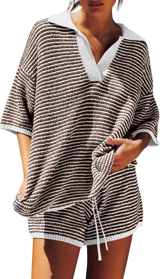 Tankaneo Womens Sweater Set 2 Piece Outfits Oversized 3/4 Sleeve V Neck Knit Tops High Waisted Shorts Lounge Sets (Large, Coffee)