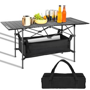 Folding Camping Tables that Fold Up Lightweight,Aluminum Roll Up Camping Table for 4-6 Person Camp Table with Large Storage and Carrying Bag for Outdoor, Picnic, Backyards, BBQ, Beach, 220 Lbs, Black