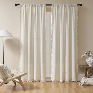 Joydeco Beige Boho Curtains 96 Inches Long 2 Panels, Super Soft Bohemian Farmhouse Curtains with Tassels, Semi Sheer Light Filtering Drapes for Bedroom Living Room (Rod Pocket, 52Wx96L)