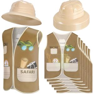 Coume 12 Pcs Safari Hats and Vest Safari Dress Costume Include 6 Plastic Explorer Hats and 6 Jungle Vest Party Supplies for Theme Jungle Party Birthday Halloween Decorations