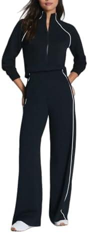 YEMORCH Jumpsuits for Women Casual One Piece Outfits Long Sleeve Mock Neck Wide Leg Pants Rompers with Zipper(Black, XS)