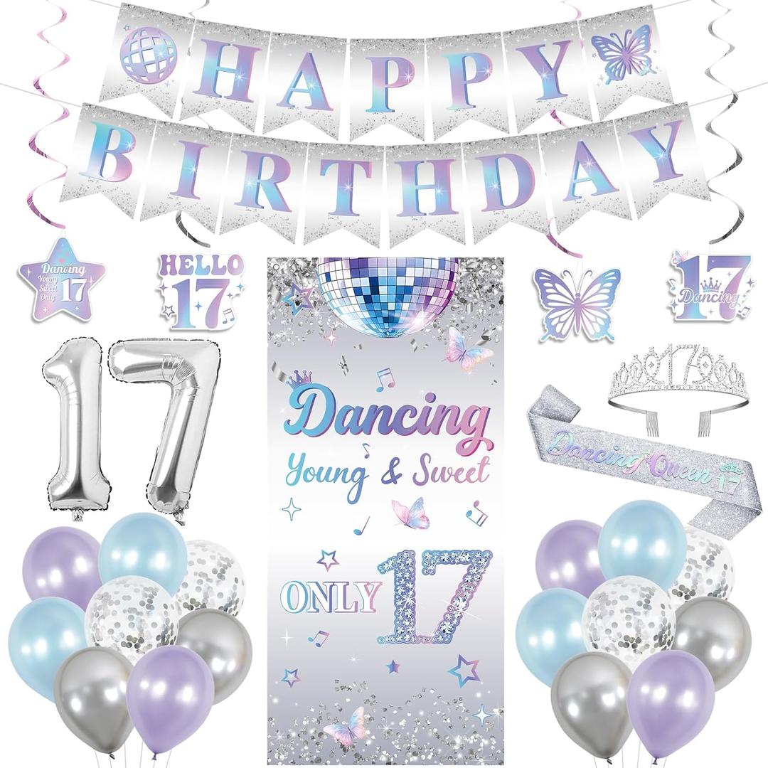 Holkcog Happy 17th Birthday Decorations for Girl, Silve Dancing Queen & Sweet Only 17th Background Banner, Funny Seventeen years old Gifts for Her, Sweet Silver 17 Number Balloons, 17 Party Supply