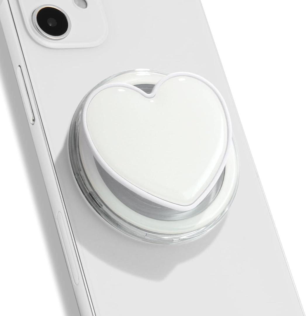 Magnetic Cute Solid Macaron Color Heart Shape Collapsible Mobile Phone Grip Stand Holder for Smartphone Tablet Cell Phone Accessory (Magnetic Type, White)