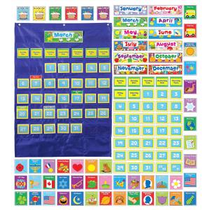Carson Dellosa 25" x 35" Deluxe Calendar Pocket Chart, Monthly Calendar Pocket Chart for Classroom with Day, Week, Holiday Cards and Storage Pouches and More, 7.6"W x 0.4"H