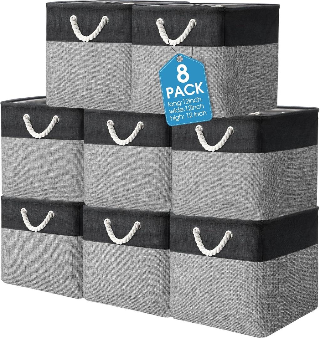 meekoo 8 Pack Collapsible Storage Bins Fabric Storage Bins Polyester Fabric Baskets with Handles Linen Closet Organizer for Shelf Home Closet Towels Toys (12 x 12 x 12in, Black Gray)