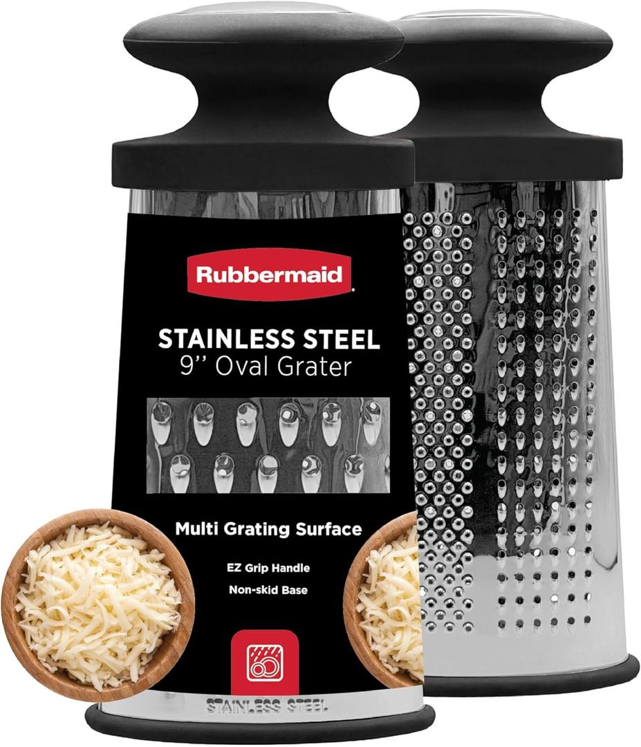 Rubbermaid Stainless Steel Cheese Grater - 9.5" Oval Handheld Box Grater with EZ Grip Handle - Multi-Surface Food & Cheese Shredder | Zester & Graters for Kitchen - Dishwasher Safe, Black