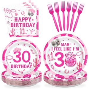 96Pcs Western 30th Birthday Decorations Man I Feel Like I'm 30 Plates and Napkins Disco Cowgirl Birthday Decoration for Women Thirty Years Old Nashville Western Wild West Theme Party Supplies Serve 24