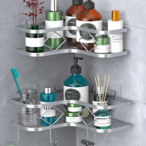Kadolina Large Corner Shower Caddy Shelf, 2 Pack Adhesive Bathroom Shower Organizer Shelves, No Drilling Rustproof Wall Mounted Shower Storage Basket Shampoo Holder Organizer (Silver)