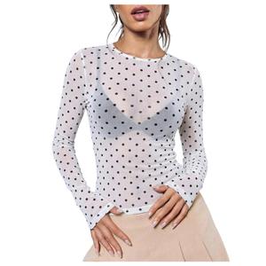 RoseSeek Women's Sheer Mesh Long Sleeve T Shirts Going Out Tops (White, L)