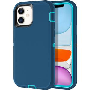 iPhone 13 Case Shockproof Dust/Drop Proof 3-Layer Full Body Protection [Without Screen Protector] Rugged Heavy Duty Cover Case, Turquoise Case for iPhone 13, with Glass