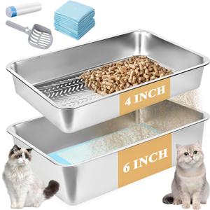 23.6''x15.7''x6'' Stainless Steel Sifting Litter Box, XL Large Metal Sifting Cat Litter Box for Pine Pellets, Litter Pan Tray System for Indoor Cats with Scoop and Pee Pad, Easy to Clean(6 Inch)
