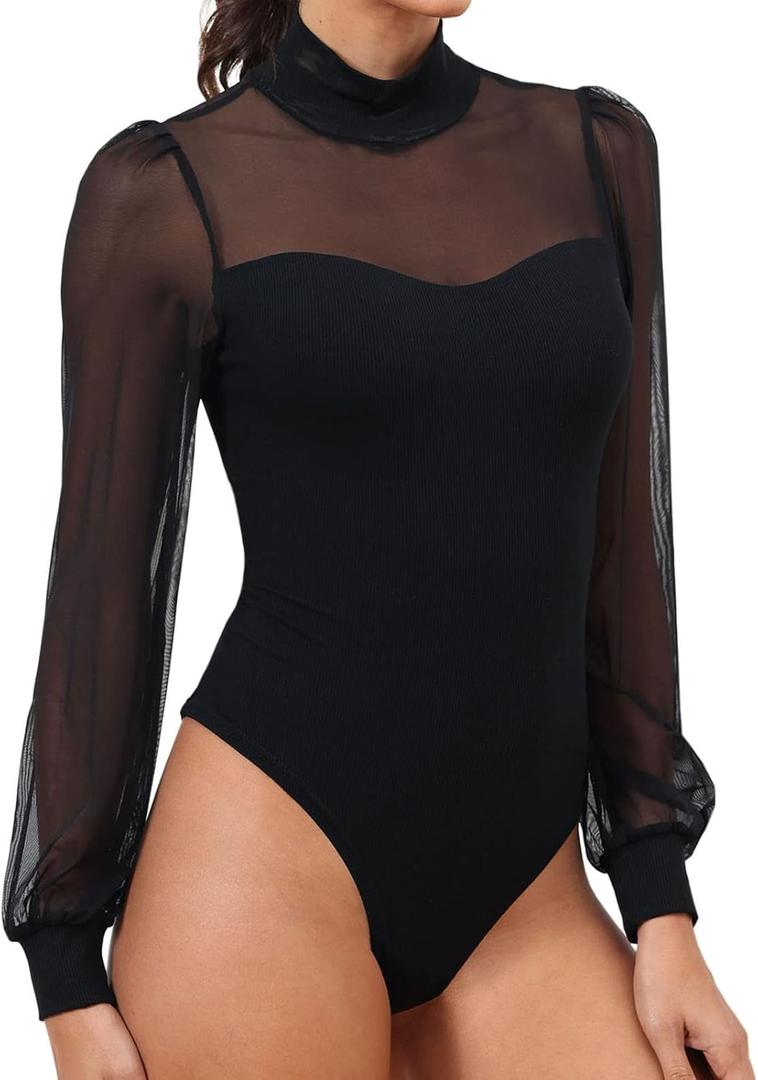 Women's Bodysuit Mock Neck Sheer Mesh Long Sleeve Tops Ribbed Sexy Bodysuits Jumpsuit (Black) XL Women's Bodysuit Mock Neck Sheer Mesh Long Sleeve Tops Ribbed Sexy Bodysuits Jumpsuit (Black) XL