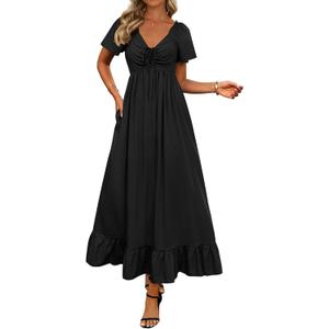 BTFBM Womens Summer Dresses 2026 Casual Short Sleeve V Neck Drawstring Wedding Guest Maxi Dresses Boho Beach Long Dress, Black, Large
