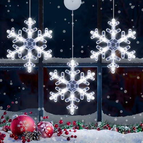 [Timer] Christmas Window Decorations, 3 Pack Snowflake Christmas Window Lights with Suction Cup, Hanging LED Battery Operated Xmas Lights Indoor Outdoor Xmas Tree Fireplace Home Party Decor - While