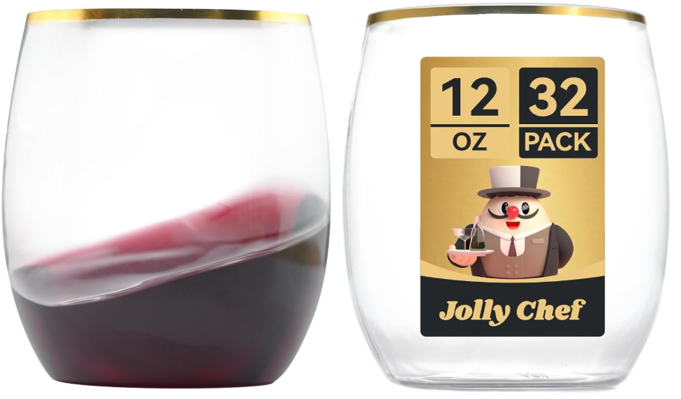 JOLLY CHEF 32 Pack 12oz Gold Plastic Wine Glasses Stemless, Disposable Wine Cupsty, Disposable Plastic Wine Cups for Party, Halloween, Christmas, Thanksgiving 