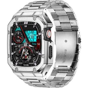 Stainless Steel Watch Band with Case Compatible with Apple Watch Series SE 6 5 4 3 2 1 (42mm 44mm), Rugged Strap with Metal Protective Bumper Cover for iWatch Bands Men (Silver)