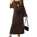 OYOANGLE Women's Maternity 2 Piece Outfits Scoop Neck Bodycon Long Cami Dress and Long Sleeve Cropped Cardigan Set Brown Small