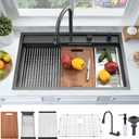 33 Inch Black Waterfall Drop In Kitchen Sink Workstation -Bokaiya 33x19 Black Stainless Steel Smart Sink with Faucet Combo 16 Gauge 10" Deep Top Mount Single Bowl Modern Kitchen Sink
