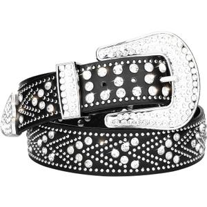 Women Rhinestone Belt, Bling y2k Western Cowgirl Men Cowboy Faux Leather Studded Belts for Jeans Pants (Black)