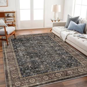 CHAMPLANT Washable Area Rug 3'x5' Vintage Traditional Floor Cover Foldable Thin Rugs Retro Kitchen Indoor Distressed Non Slip Carpet Floral Print Mat Bedroom Living Room