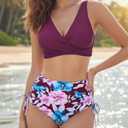 Women's High Waisted Bikini Sets V Neck Twist Front Ruched Bathing Suit Padded Lace Up Back Two Piece Swimsuit (L)