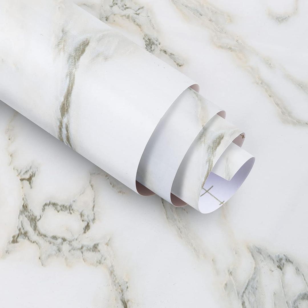 White Marble Peel and Stick Wallpaper Granite Countertop Contact Paper 16"118", White with Green Textured Self Adhesive Waterproof Glossy Removable PVC for Renter Furniture Cabinet Table