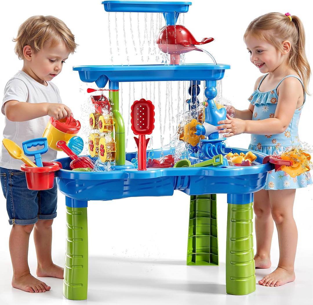 3-Tier Sand and Water Table for Kids, Summer Outdoor Beach Outside Backyard Activity Sensory Kids Sand and Water Table, Birthday Gifts for Toddler Boys Girls Ages 3 4 5 6 7 8