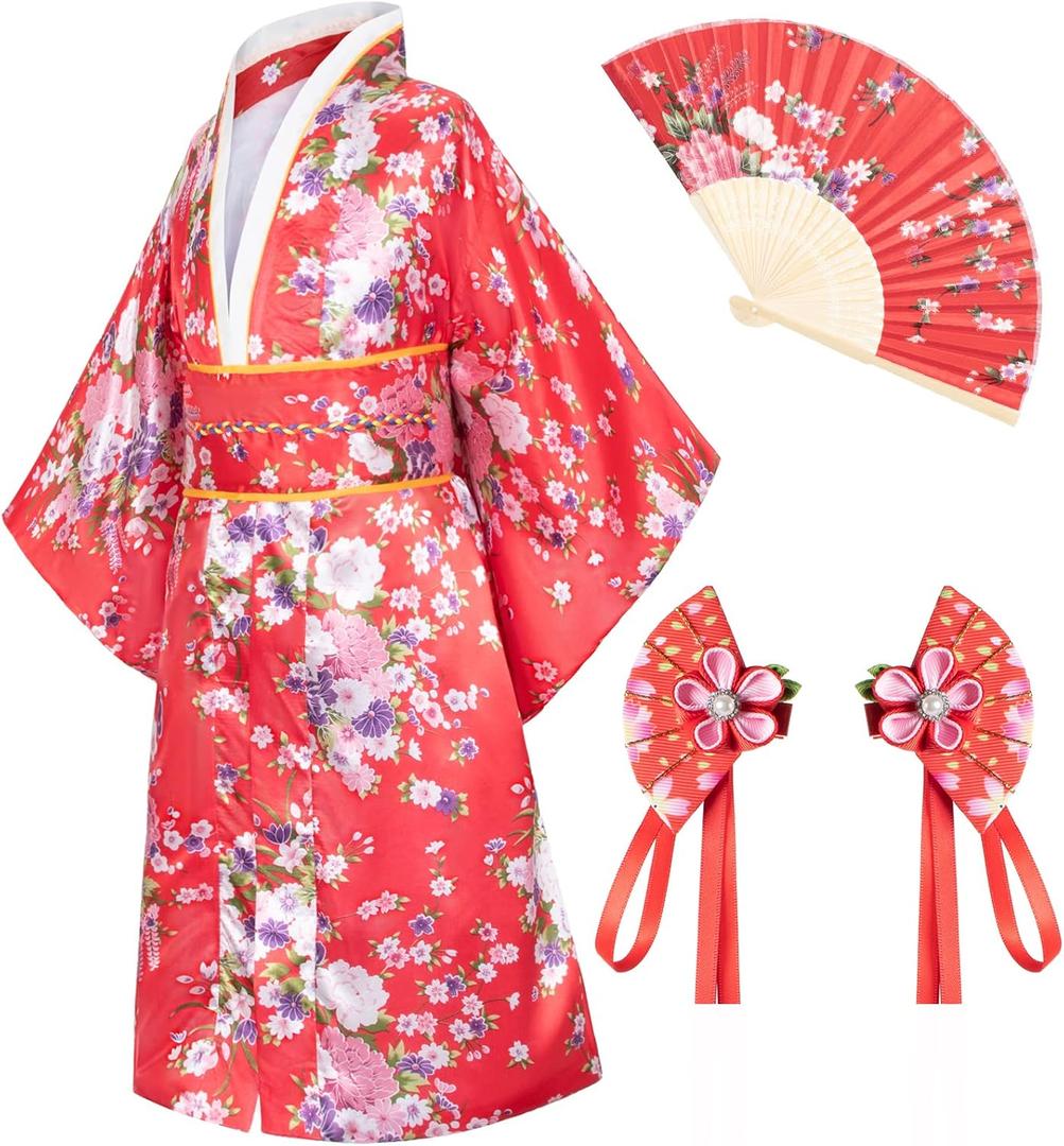 Japanese Traditional Dress Kimono Robe for Kids Girls Costume (6-7Years(130cm), Type1-red)