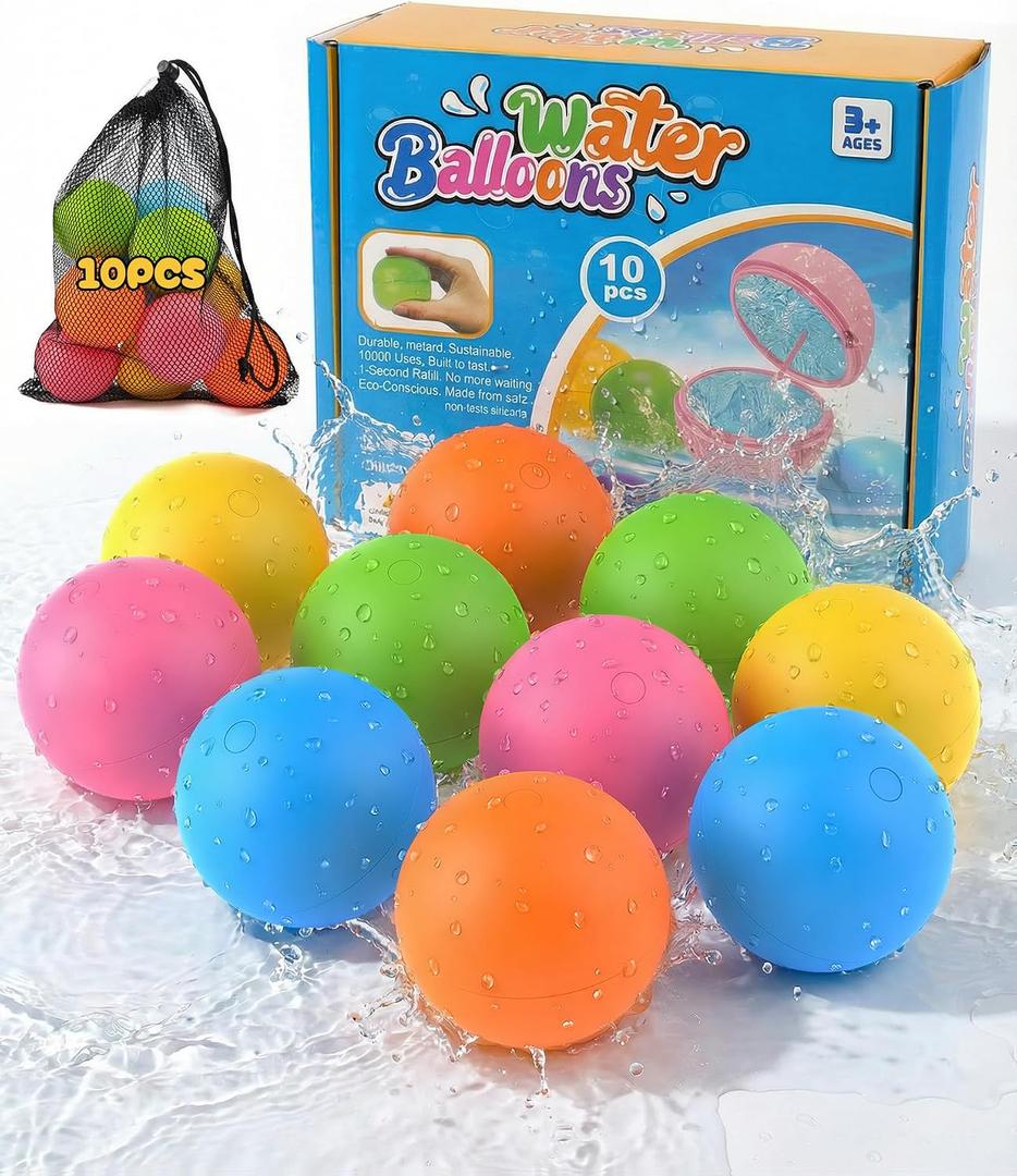 10Pcs Reusable Water Balloons for Kids & Family Outdoor Play – Quick Fill, Soft Silicone, Easy to Collect, No Magnets, Perfect for Yard, Pool Beach Games, Summer Water Toys