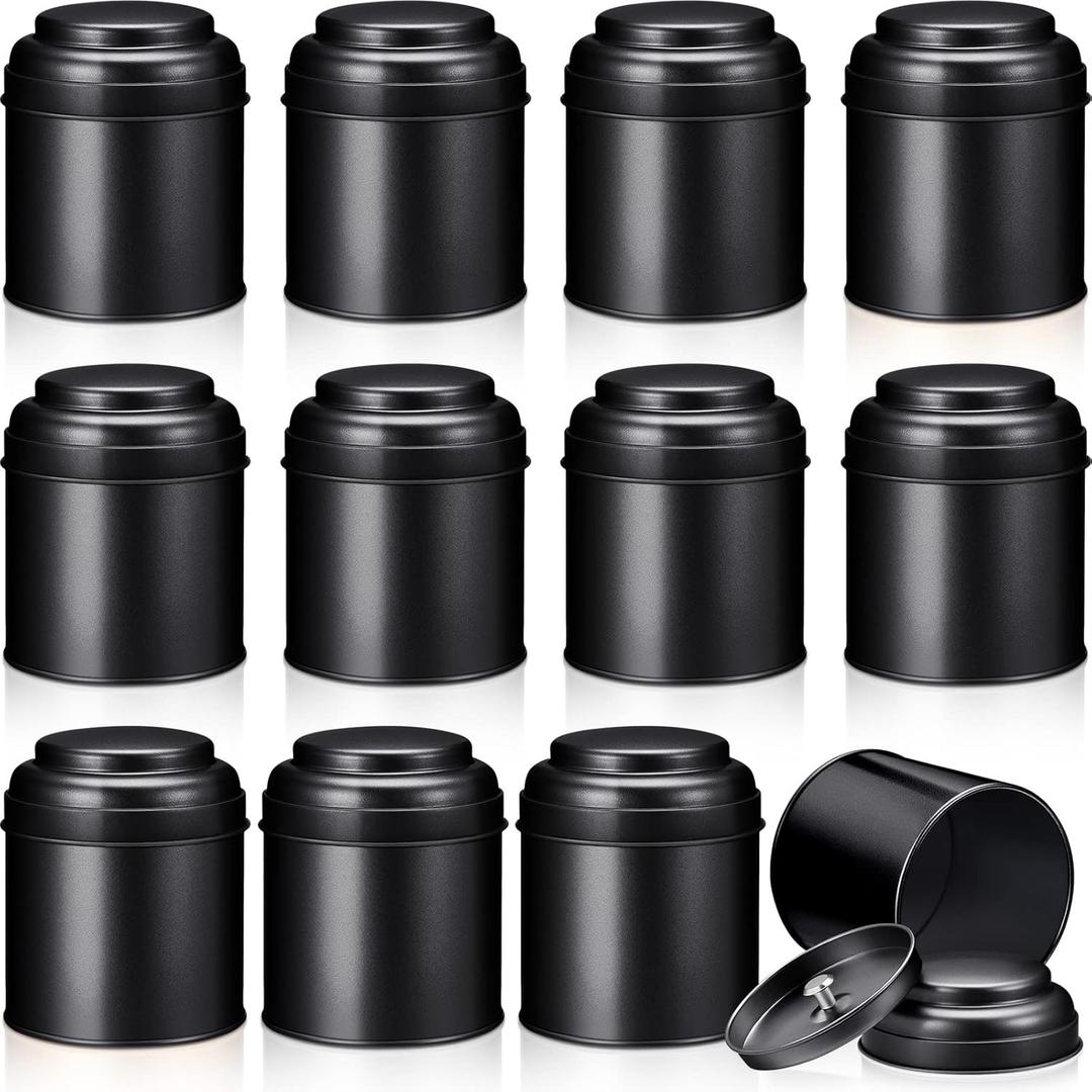 Meanplan 12 Pcs Tea Tin Canister with Airtight Double Lids Round Tin Can Box Small Kitchen Tea Canister Loose Leaf Storage Containers for Loose Bags Coffee Sugar Candy Spices(Black,8 oz)