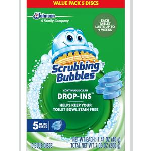 Scrubbing Bubbles Continuous Clean Toilet Drop-Ins, Automatic Blue Toilet Bowl Cleaner, Septic-Safe Tank Tablets Remove Hard Water Minerals & Limescale, Stain & Smell Protection, 5 Count (Pack of 1)