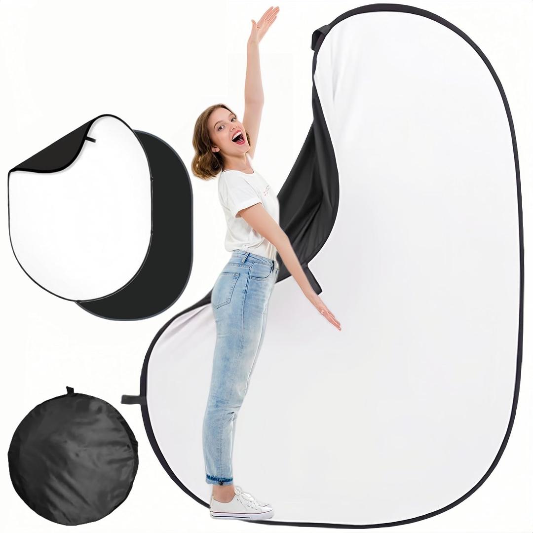 5 * 6.5 Ft Collapsible Backdrop Black White Pop Up Screen with Carrying Bag, Double Sided Foldable Backdrop Portable Background for Photography Auditions Headshots Gaming Streaming Video Calls