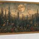 Vintage Moon Forest Wall Art, 3D Textured Nature Landscape Wall Decor Paintings, Hand Drawn Sandstone Woodland Wildflower Picture Prints Artwork for Bedroom Living Room 16x24 inch Wood Framed (Dark)