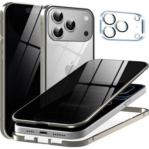 Metal Titanium Privacy Case for iPhone 17 Pro Max, Built-in Privacy Screen Protector & Camera Lens Protector, Magnetic Adsorption Double Sided Tempered Glass Anti Peep Anti Spy Cover for Men Women