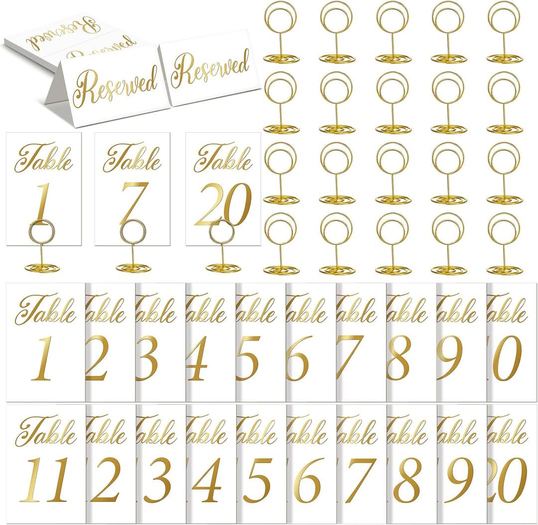 Ovveroche Gold Wedding Table Numbers 1-20 with Place Cards and Table Number Holders for Wedding, Anniversary, Party