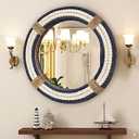Vercraft Nautical Coastal Mirror 24 Wall Decor with Rope Wrapped Trim and Hanging Loop Round Circle Nursery Mirror Nautical Boho Rustic Decorative for Living Room, Bedroom Blue and White