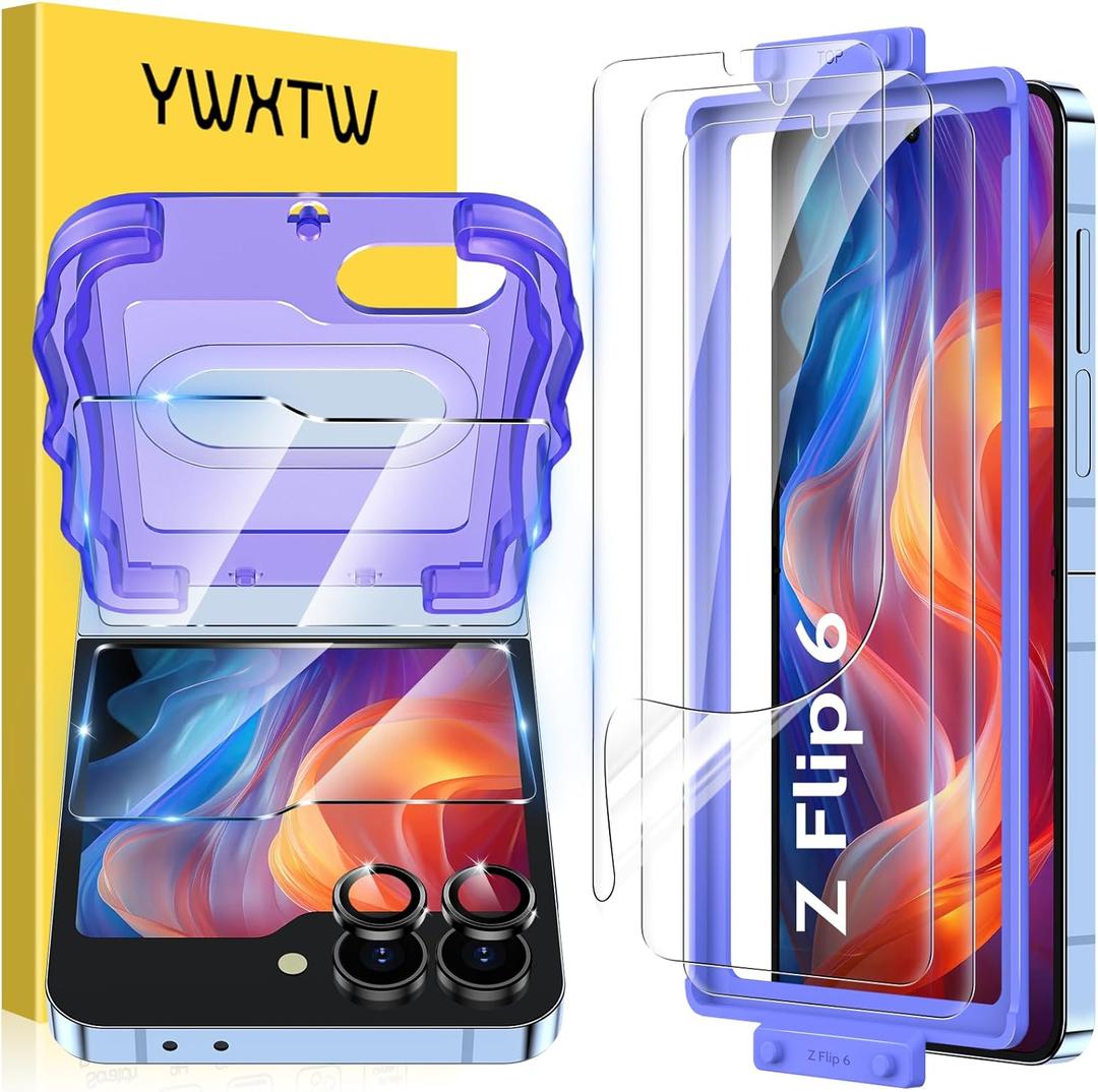 YWXTW EZ Alignment for Samsung Galaxy Z Flip 6/Z Flip 7 FE Screen Protector, [Strengthen Crease Test] 3Pcs Inner Soft EPU Film+2Pcs Front Display Tempered Glass+1 Set Camera lens Protector, Anti Scratch